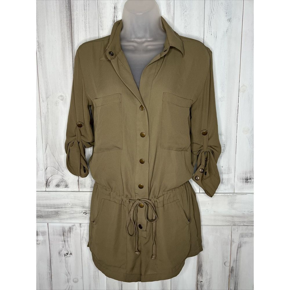 OLIVACEOUS OLIVE GREEN SNAP UP‎ LONG ROLL TAB SLEEVES CHIFFON UTILITY ROMPER S